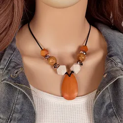 Unique Handmade Wood Necklace with Statement Beads for Women Ethnic Style Water Drop Pendants Necklaces for Daily Wear Gifts