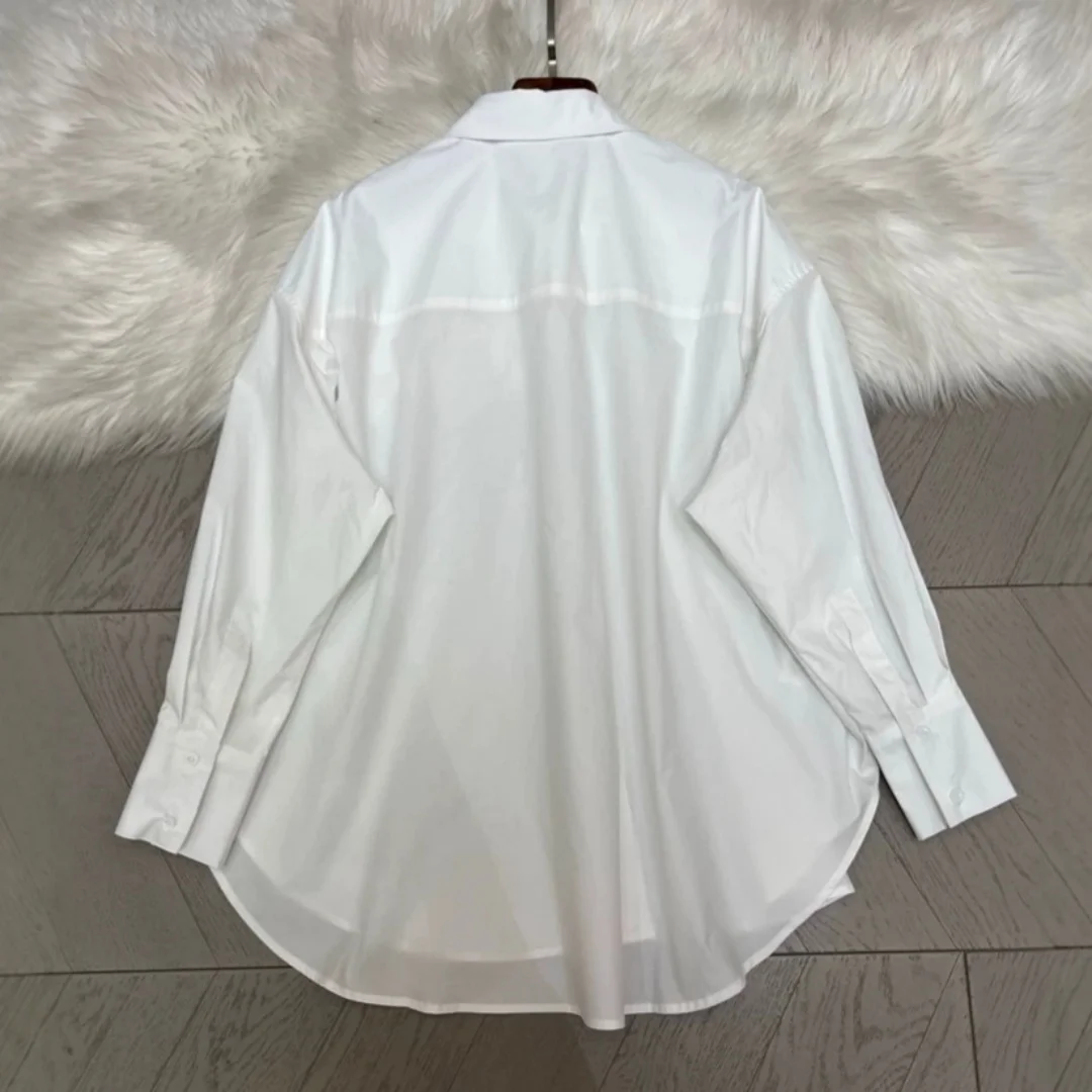 Women Summer Oversized White Blouse with Twist Metal Buttons