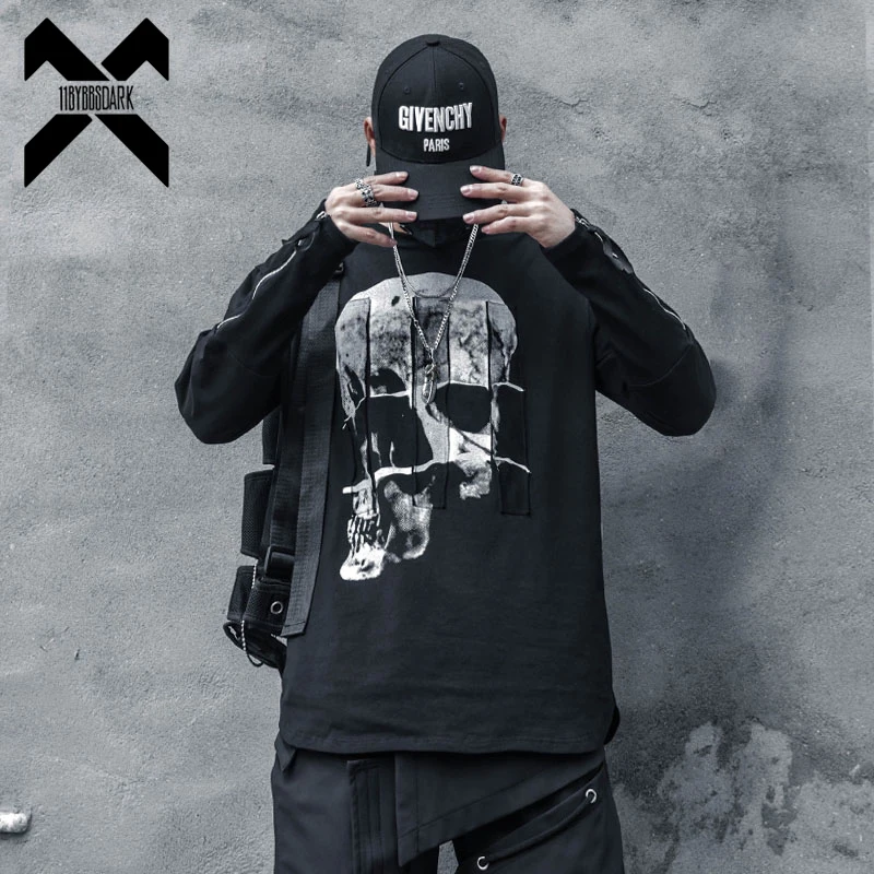 Hip Hop Long Sleeve T-Shirt Men 2022 Autumn Dark Personalized Printing Streetwear Sweat Shirts Cotton Tops Tees Black