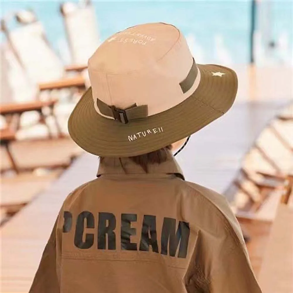 

Breathable Children Fisherman Hat Contrast Color Letter Embroidery Kids Bucket Cap Soft Windproof Rope Quick-dry Sun Hat Boys