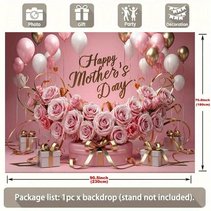 Elegantes Muttertagsparty-Banner – rosa Polyester-Hintergrund mit Ballon- und Blumendesign