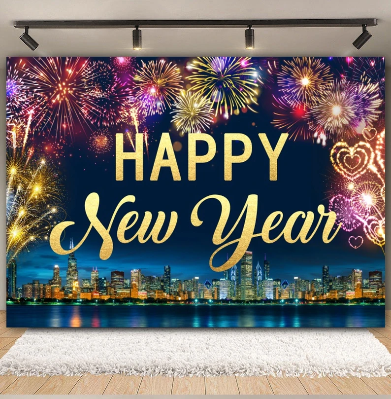 Happy New Year Backdrop for Photography City Night View 2025 Year's Eve Fireworks Clock Family Party Photography Background Deco