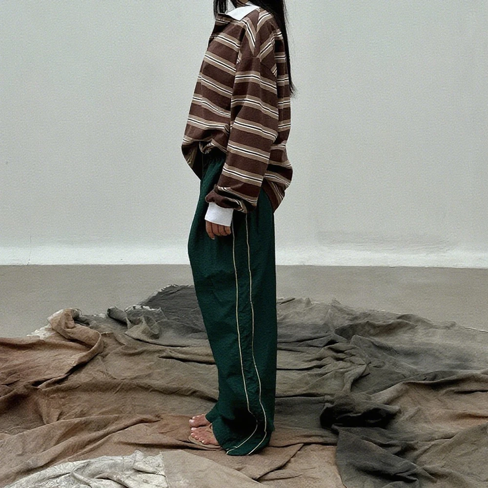 

Women Autumn Vintage Preppy Striped Rugby T-shirts y2k Oversized Lapel Collared Pullover Loose Fit Button Long Sleeve Crop Tops