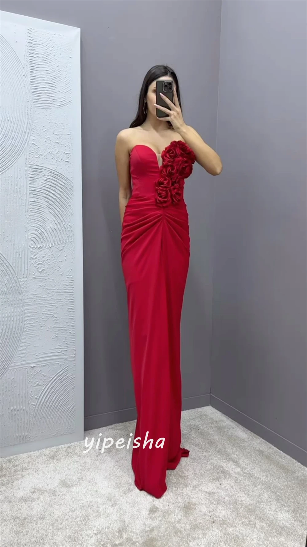    Satin Flower Pleat Valentine's Day A-line Strapless Bespoke Occasion  Floor Length