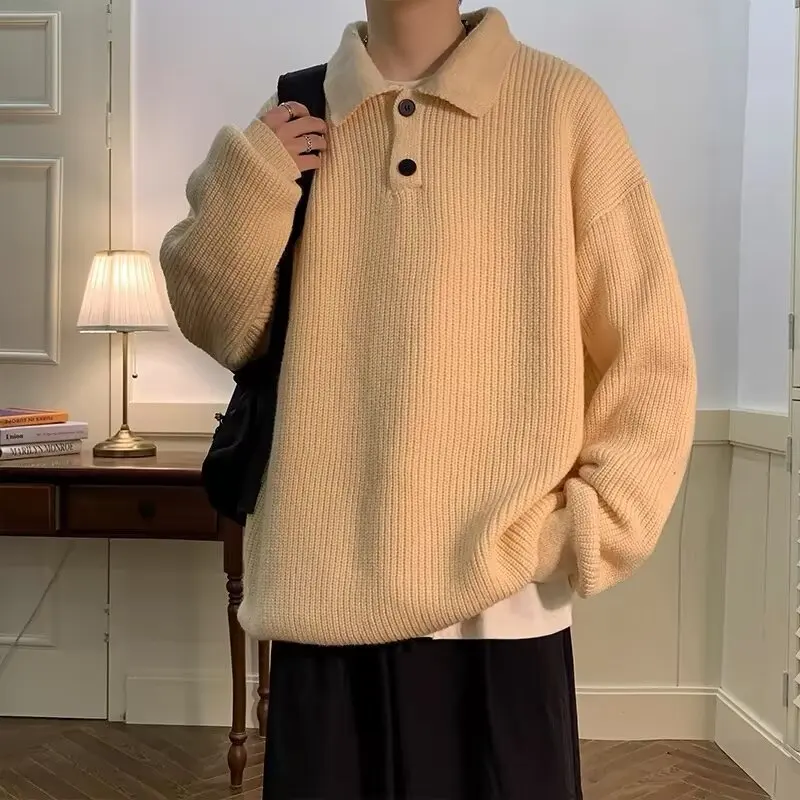 Japanese Style Lazy Polo Collar Sweater For Men American Retro Coffee Color High-End Oversize Knitted Top