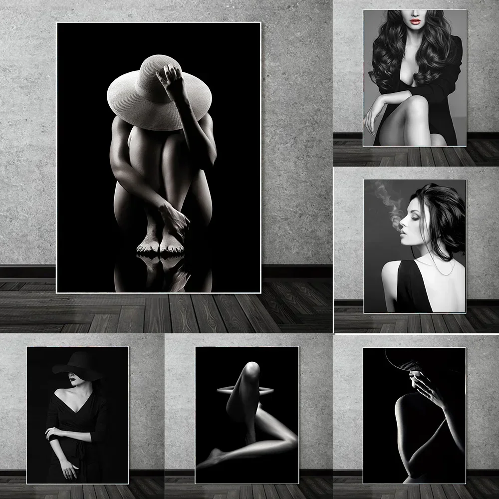 Fashion Female Smoking Sexy Nude Art Canvas Painting Modern Black White Woman Body Poster Prints Living Room Home Decor Pictures