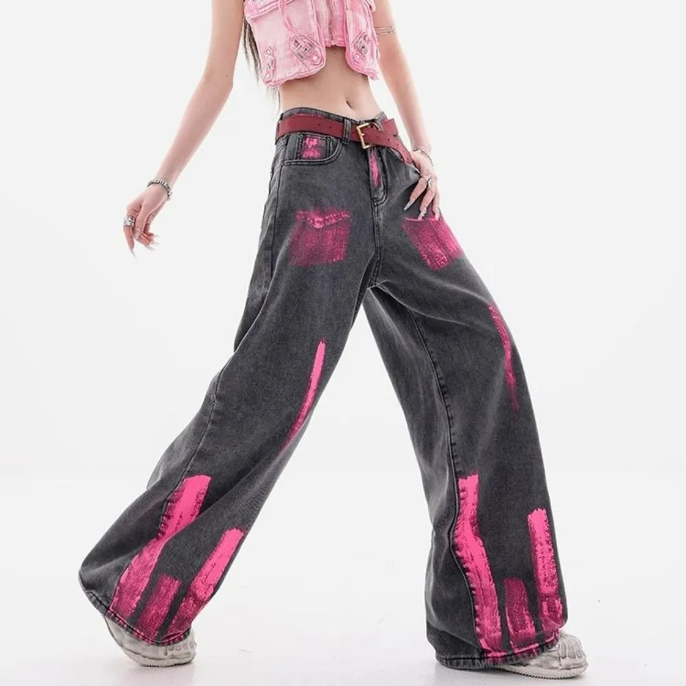 

Graffiti Denim Pants Vintage High Waist Wide Leg Trousers Drop Cuff Loose Fit 90s Baggy Jeans Streetwear Anemoia Pants