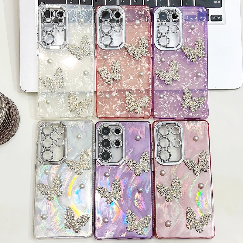 حافظة فاخرة على شكل فراشة لؤلؤية لامعة لهاتف سامسونج جالاكسي S25 Ultra S24 FE Plus S23 Ultra A16 A26 A36 A56 A15 A25 A35 A55 A54