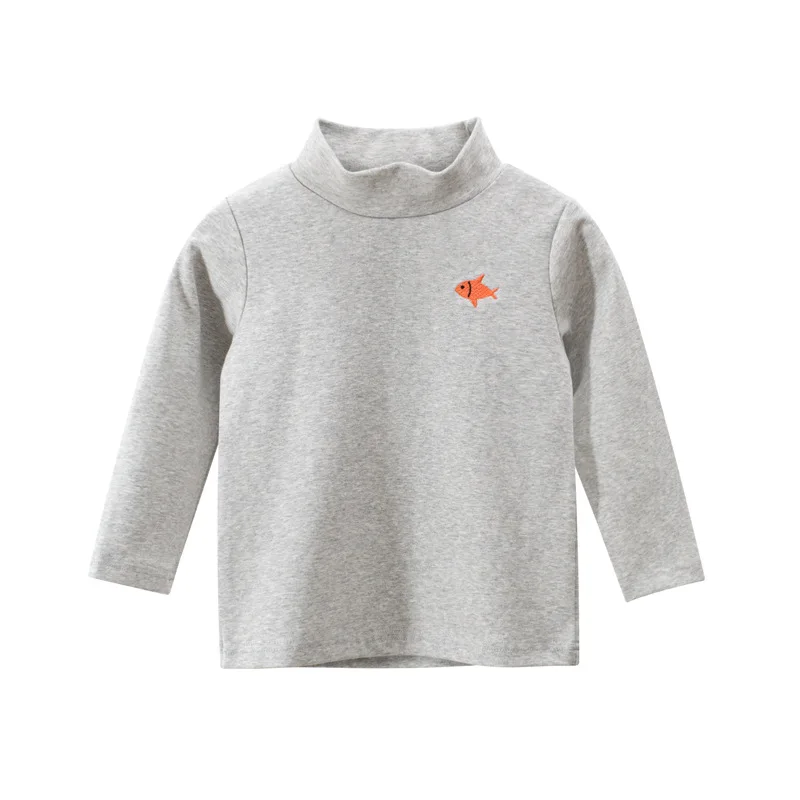 2024 Spring Autumn Children Turtleneck Undershirt Baby Boys Long Sleeves T-shirt For 1-9Yezrs Kids Fish Pattern Embroidery Top