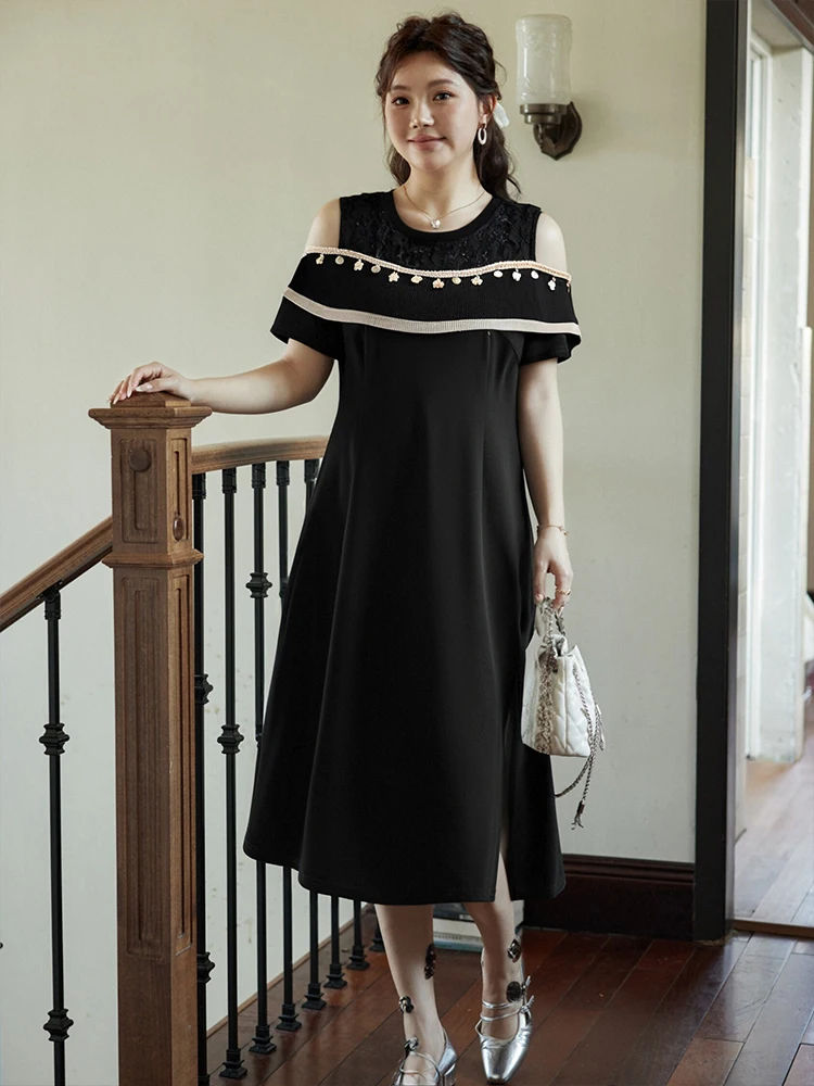 Abito da Damigella Taglie Forti per Donna, Nuovo Design Estivo, Linea A in Pizzo, Spalle Scoperte, Vita Alta, in Fibra di Poliestere, Lunghezza Midi...