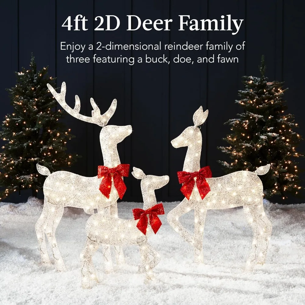 4ft 3-Piece 2D Lighted Christmas Deer Family Set, Large Outdoor Yard Reindeer Holiday Decoration with 175 LED Lights, Stakes