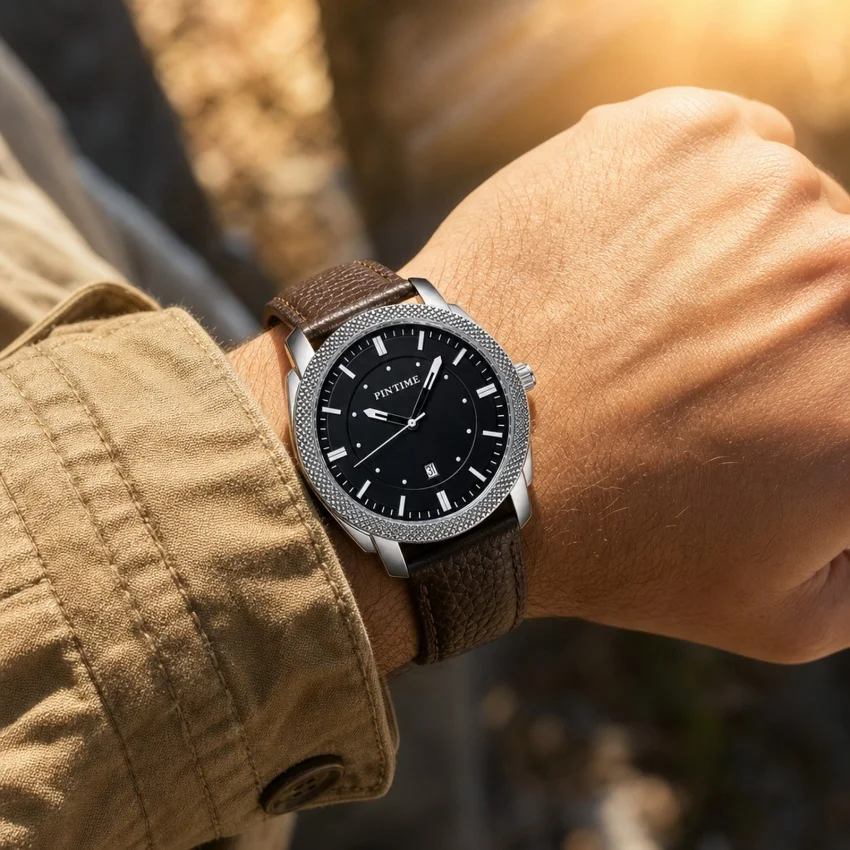 Men's Quartz Watch Minimalist Black Dial Date Display Wristwatch Leather Strap Business Casual Male Watch 6 Colors Optional