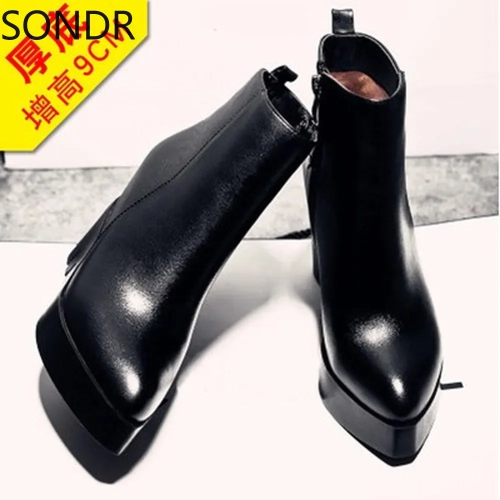 Womens Genuine Leather High Wedge Heels Pointed Toe Ankle Riding Boots Shoes Platform Black Motorcycle Punk Genuine Leather Zip