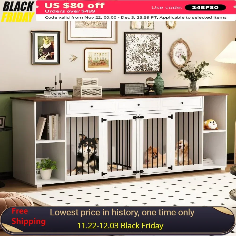 Dog Crate, 94.8 Inch Wooden Large Dog Kennel with Drawers, Divider & Storage Shelves, Indoor TV Stand with Double Rooms