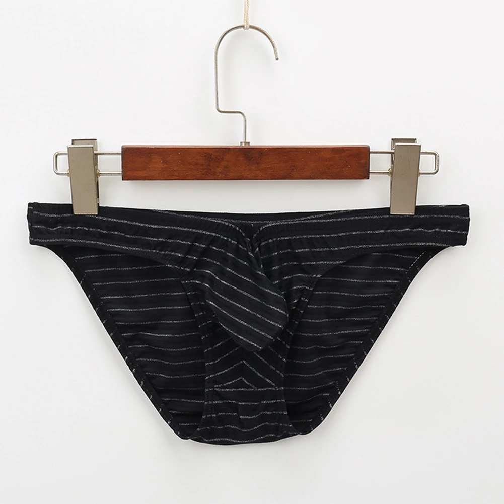 

Mens Sexy Lingerie Striped Thong Low Waist Pouch Briefs Underwear Scrotum Physiological Mens Underpants Elastic Male Panties