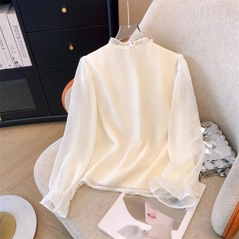 Nieuwe Chinese Sle Geborduurde Kant Trim Bubble Sve Chiffon irt Dames Zomer 2025, Faionable Top Stand Kraag Lange Sve