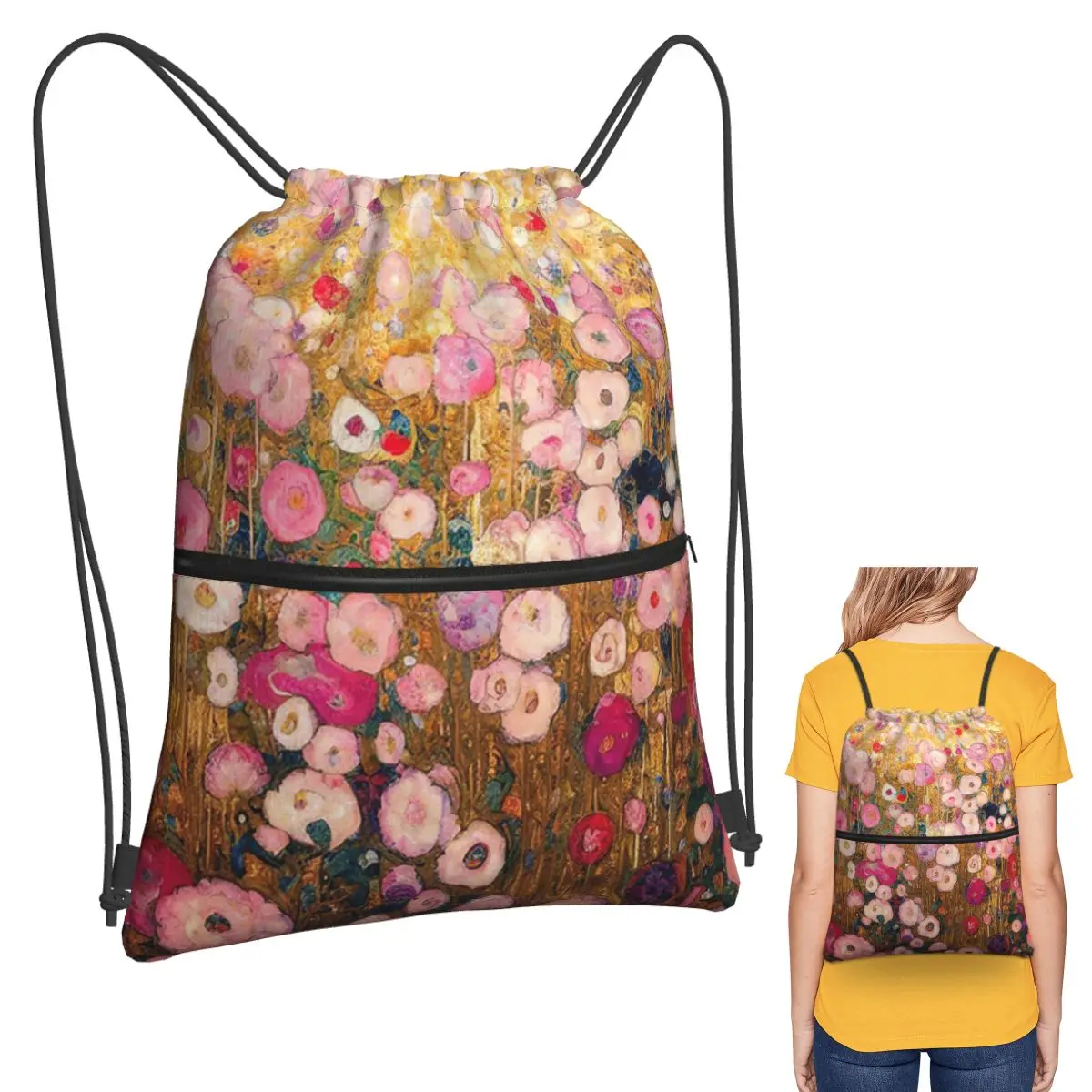 Gustav Klimt Pink Flower Garden Backpacks Casual Drawstring Bags Storage Bag Book Bags for Man Woman Students