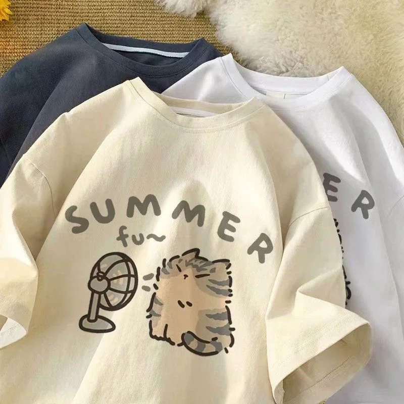 Kawaii Cat Top Women Short Sleeve Summer T-shirt Korean Fashion Cartoon Tee T Shirts O Neck Solid Cute Youthful Woman Clothes