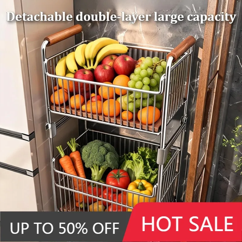2-Tier Stainless Steel Kitchen Rack Fruit Vegetable Storage Basket Holder Cart With Wheels Kitchen Items Organizer For Home