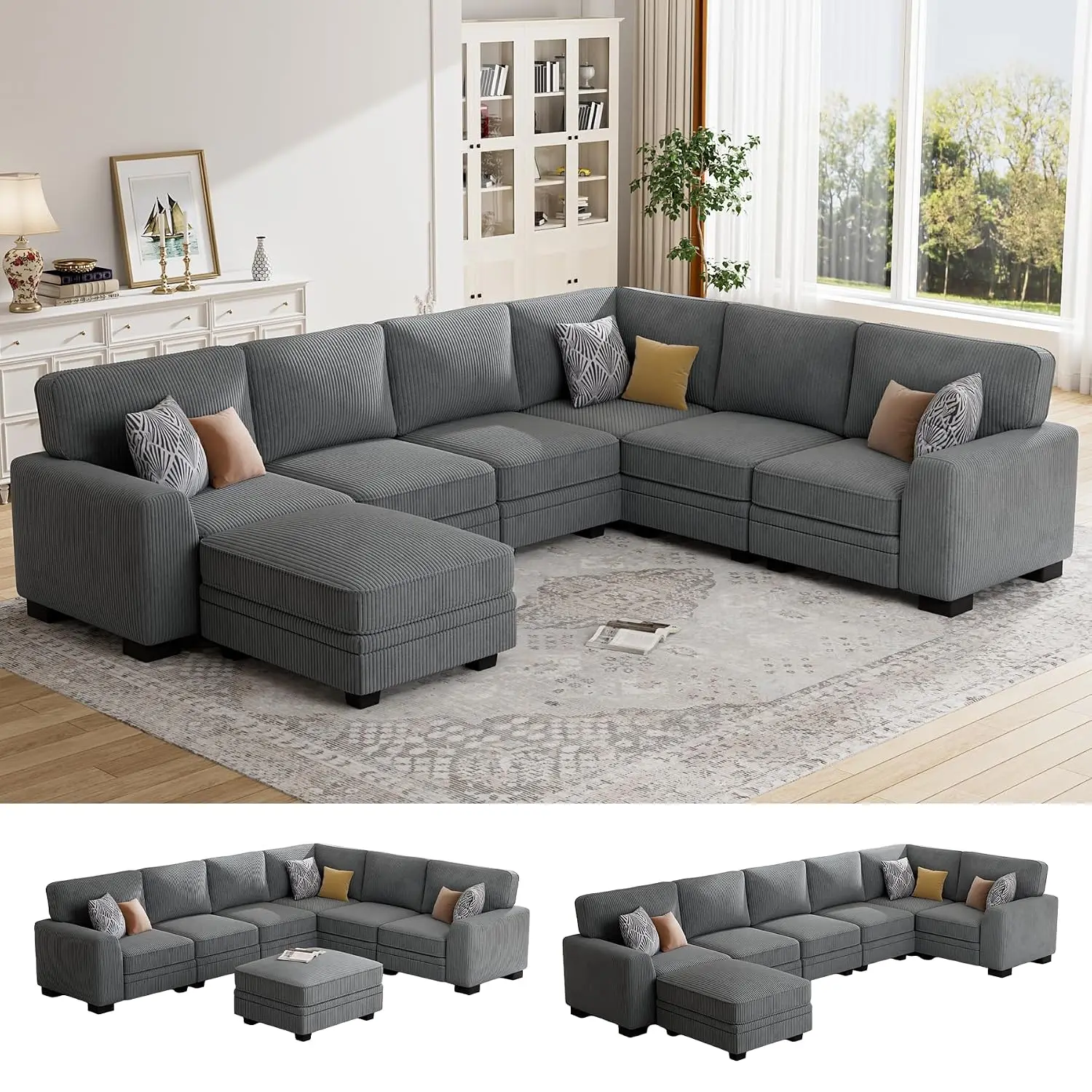 Oversized Modular Sectional Sofa U/L‑Shaped Reversible with Ottoman Deep Seat Corduroy for Living Room 7‑Seater Grey, Customized