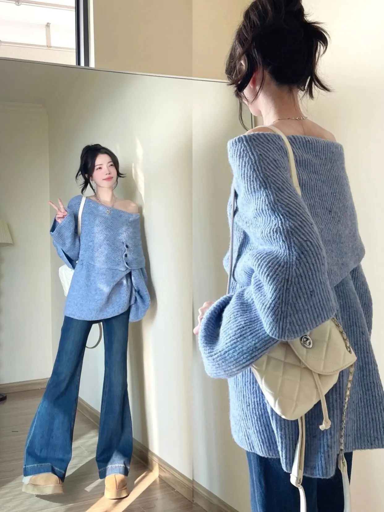 

Синий вязаный свитер на одно плечо, женский, модный, в корейском стиле, теплый, удлиненный, повседневный, для носки на каждый день, весна-осень