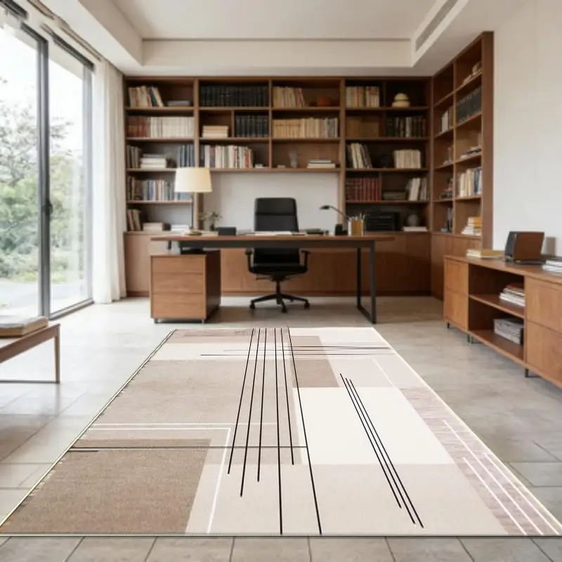 Modern Beige Brown Geometric Area Rug Abstract Line Design For Home Office Study Room And Sophisticated Living Space