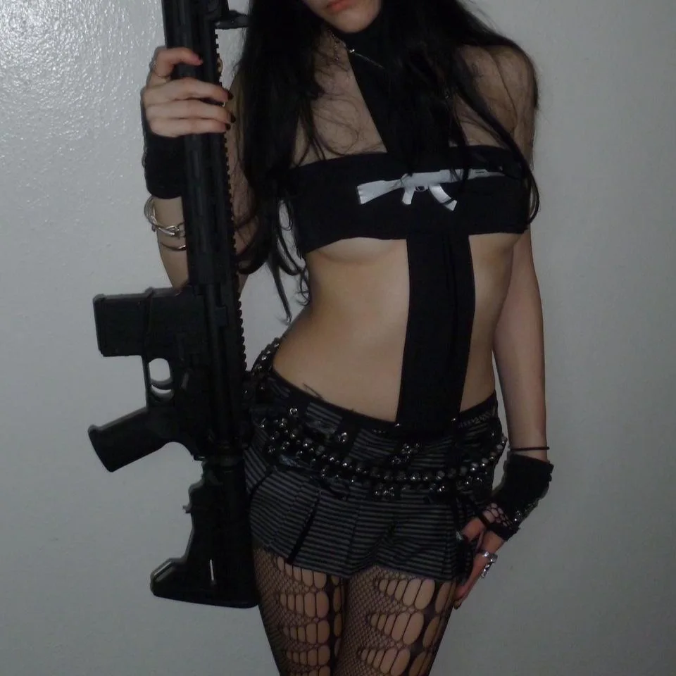 Y2K Black Gothic Cutout Crop Top Women's AK Gun Graphic Rivet Strap Backless Tube Top for Sexy Club Streetwear view 2