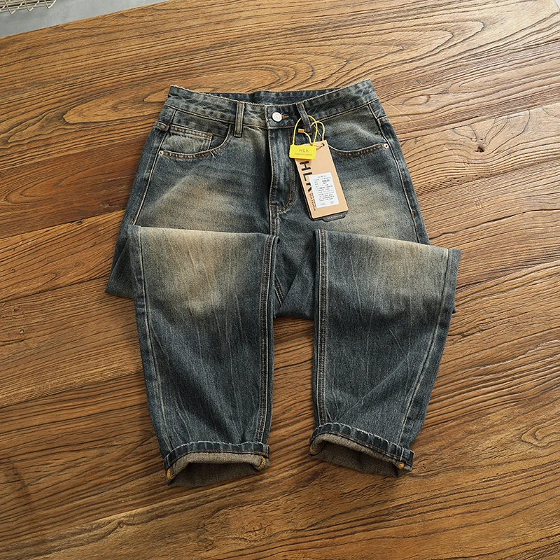 

Повседневные мужские джинсы с талией в стиле ретро, свободные прямые джинсовые длинные брюки с микроконусом, тяжелые классические универсальные джинсы