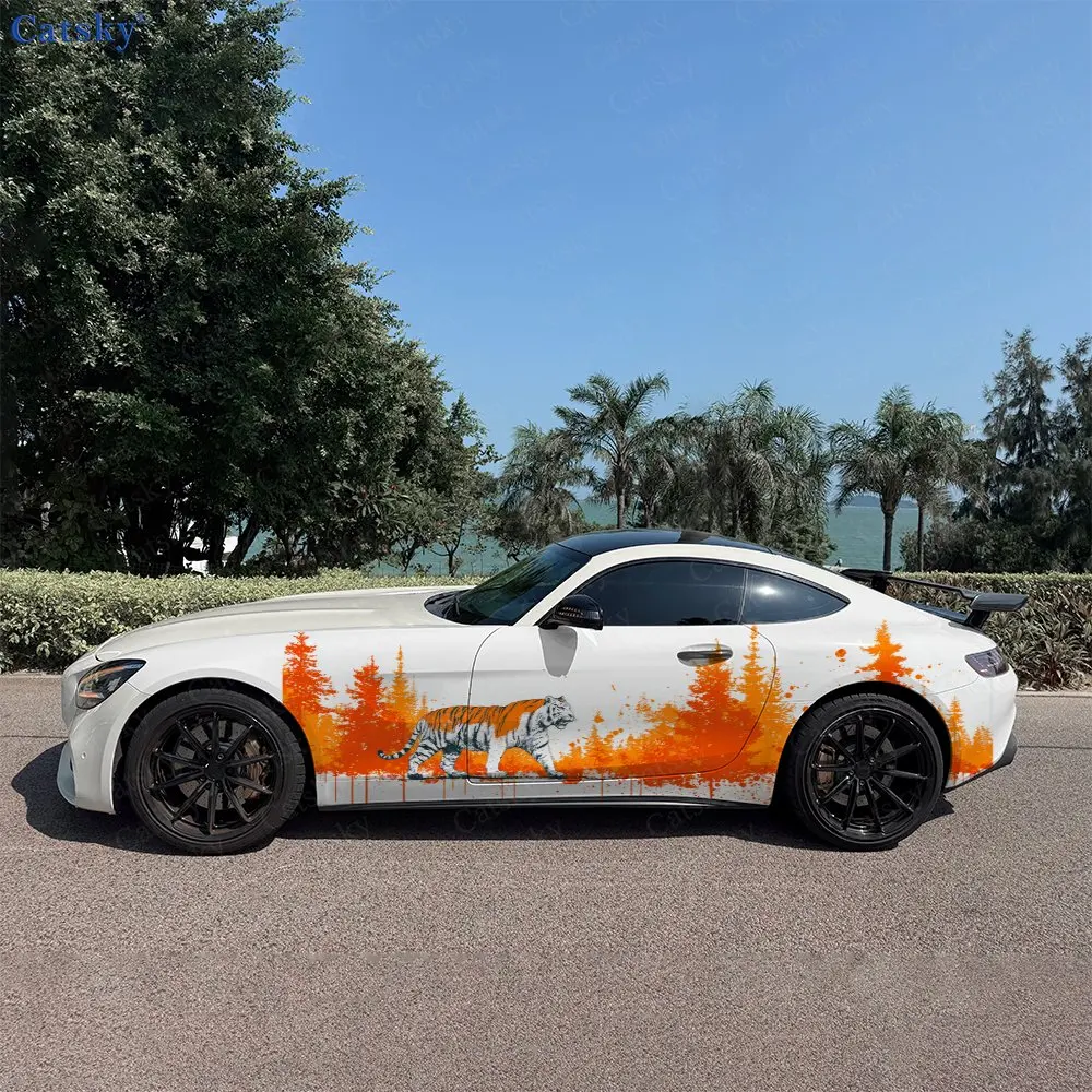 2pcs Splatter Ink Dusk Forest Tiger Car Side Wrap, Self-Adhesive PVC Waterproof & Scratch-Resistant Stickers, Car Accessory Gift