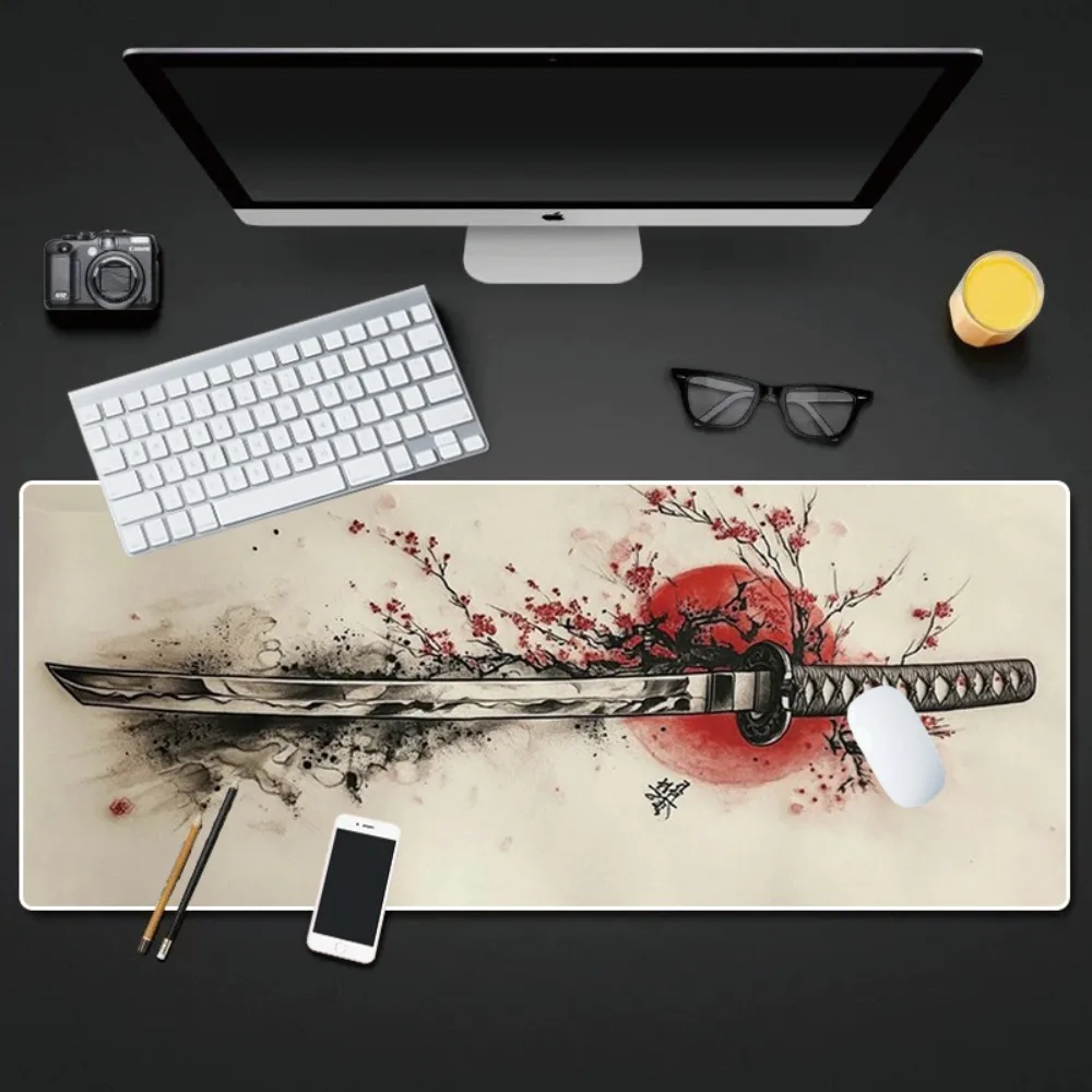 Black/Red/Maroon Samurai Sword with Cherry Blossom Design Extended Keyboard Pad Suitable for Office and Home Gaming Environments