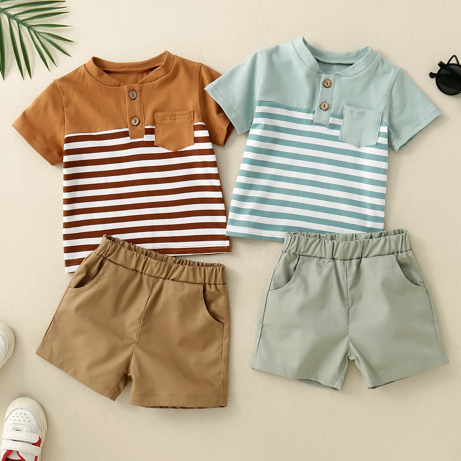 2PCS Spring and Summer Boy Short Sleeve Open Collar Spliced Shirt Decorative Drawstring Shorts Skin Friendly Cotton Shirt