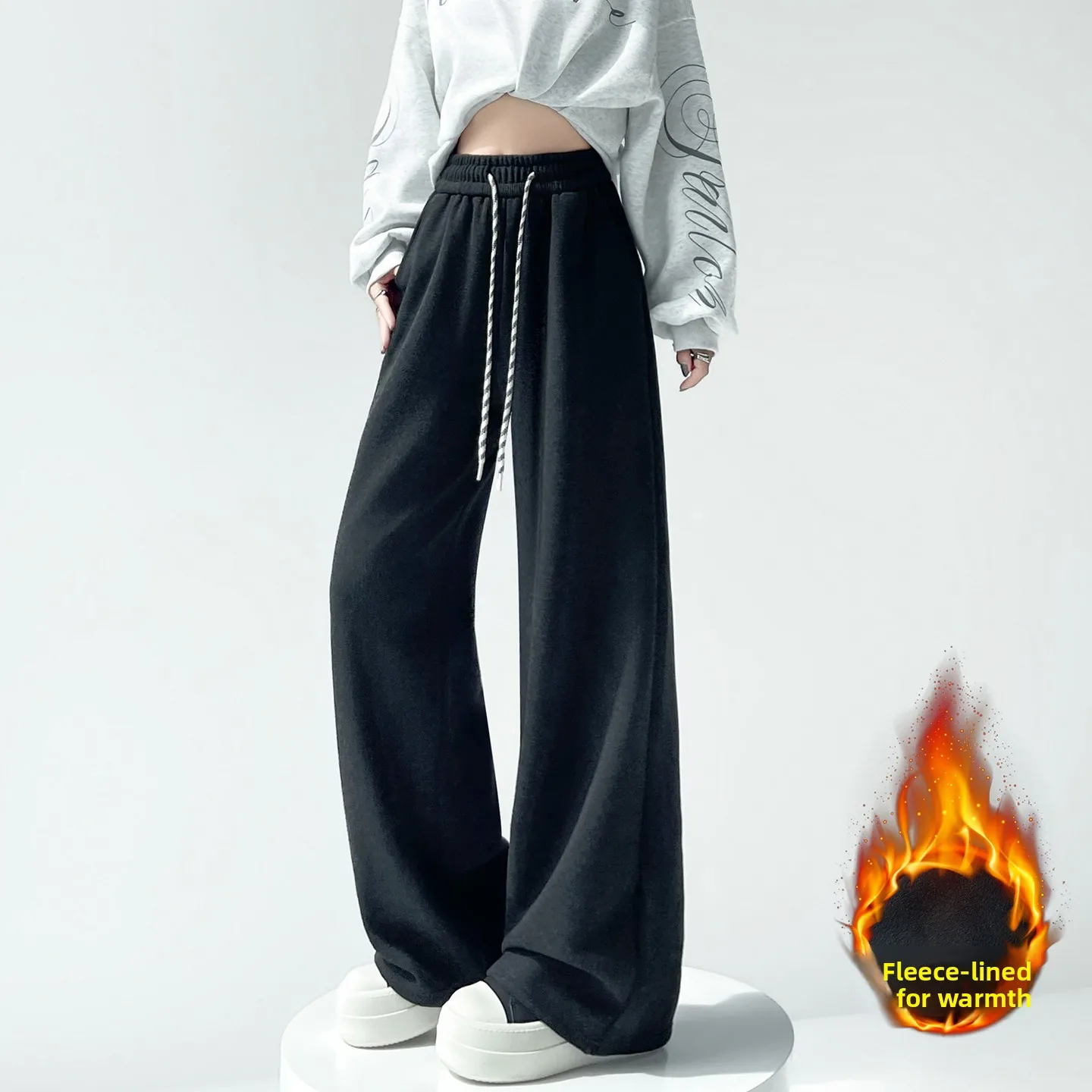 High Waist Wide Leg Pants Women's Fce Lined Camere Loose Fit Casual Straight Leg Floor Length Trousers Korean Sle