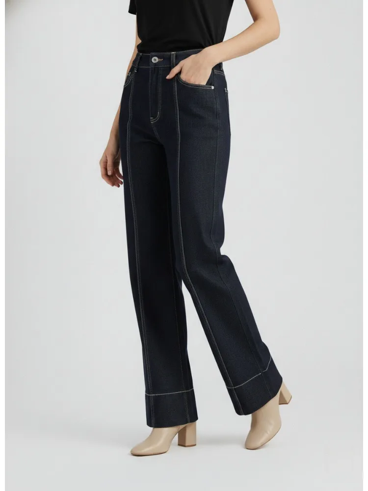 Women High Waist Wide Leg Jeans Contrast Stitch Denim Pants Casual Loose Straight Full‑Length Trousers For Ladies No Belt