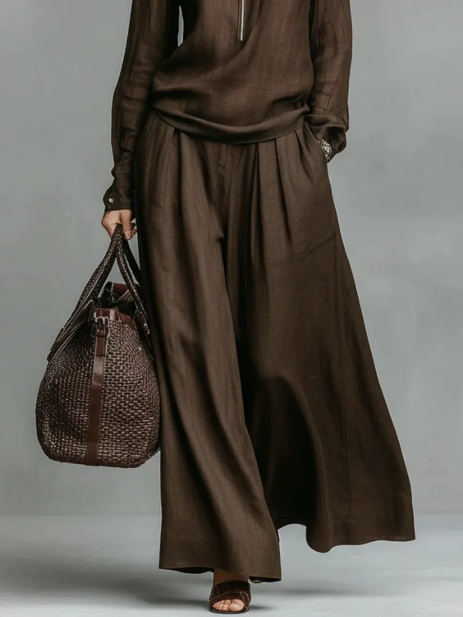 Elegantes, solides, lockeres zweiteiliges Set, modischer Pullover mit Revers und Reißverschluss & weit geschnittene Hose, Damen-Freizeitoutfit mit langen Ärmeln. – Detail 10