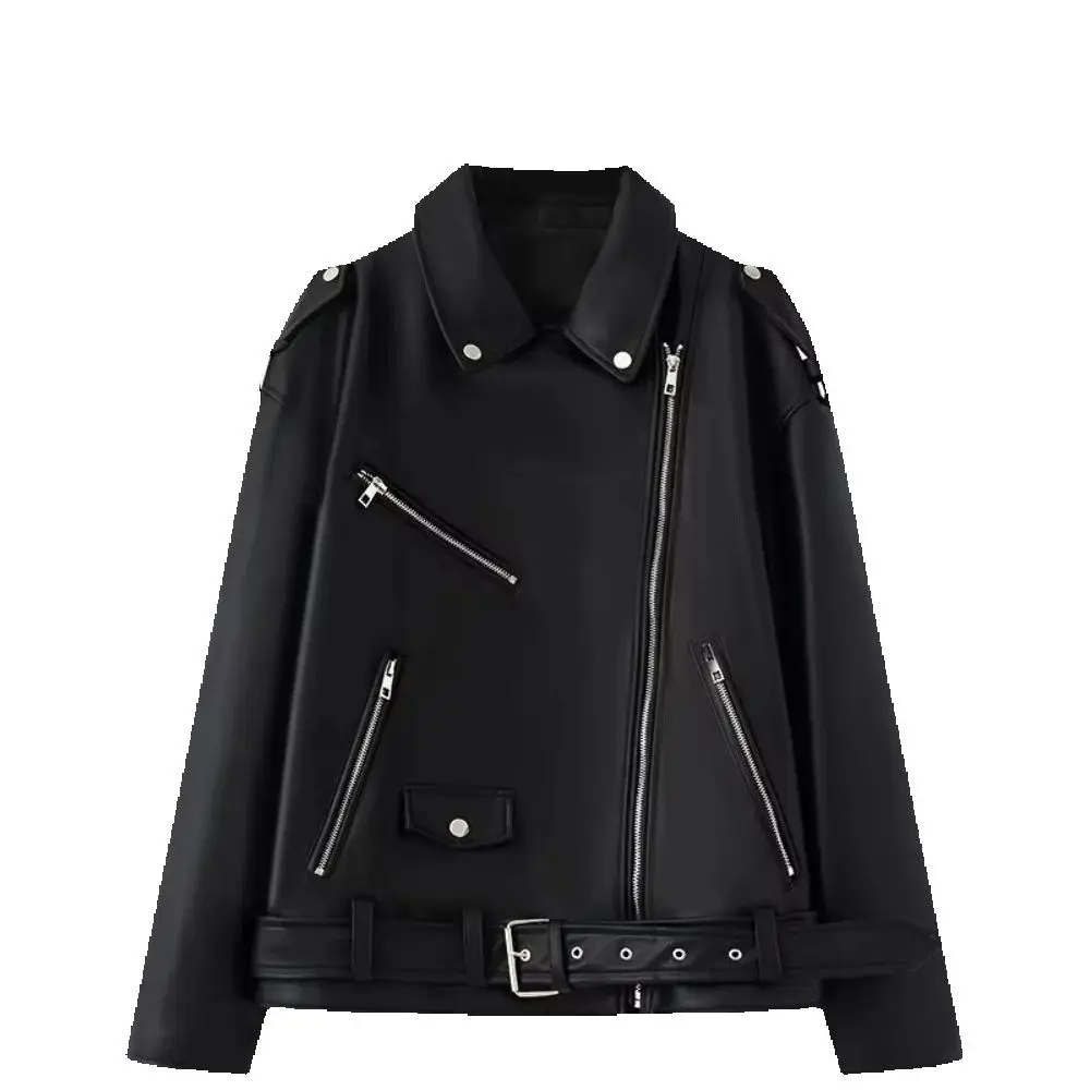 

women's faux leather loose top with lapel long sleeved zipper pocket waist belt button autumn and winter new style coo