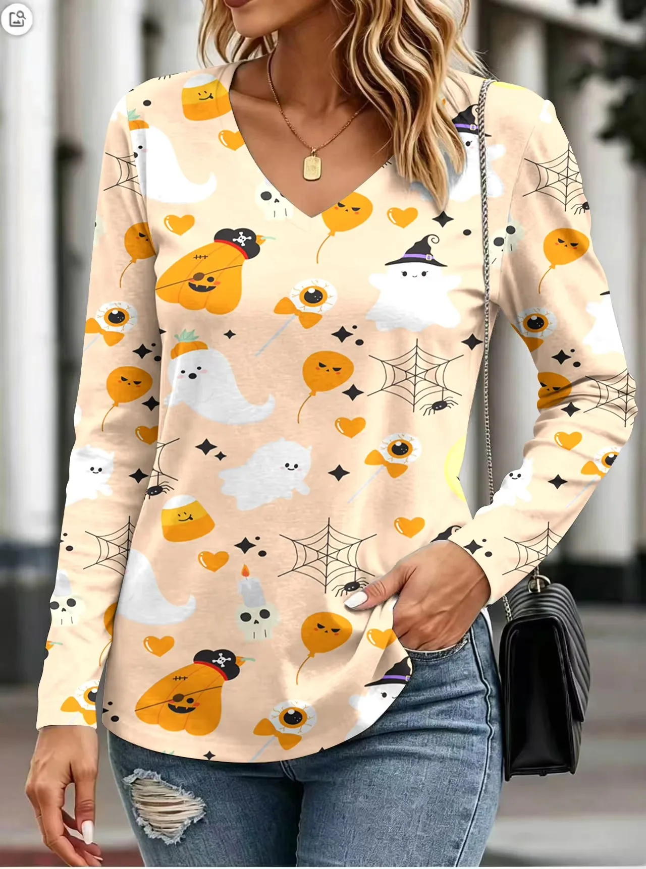 Women's Casual Tops Street Style Halloween Pumpkin Head Funny 3D Print Women's Loose V-Neck Long Sleeve T-Shirt Holiday T-Shirt 12 Se524e9a0494542dab1597c6f1a33f4851