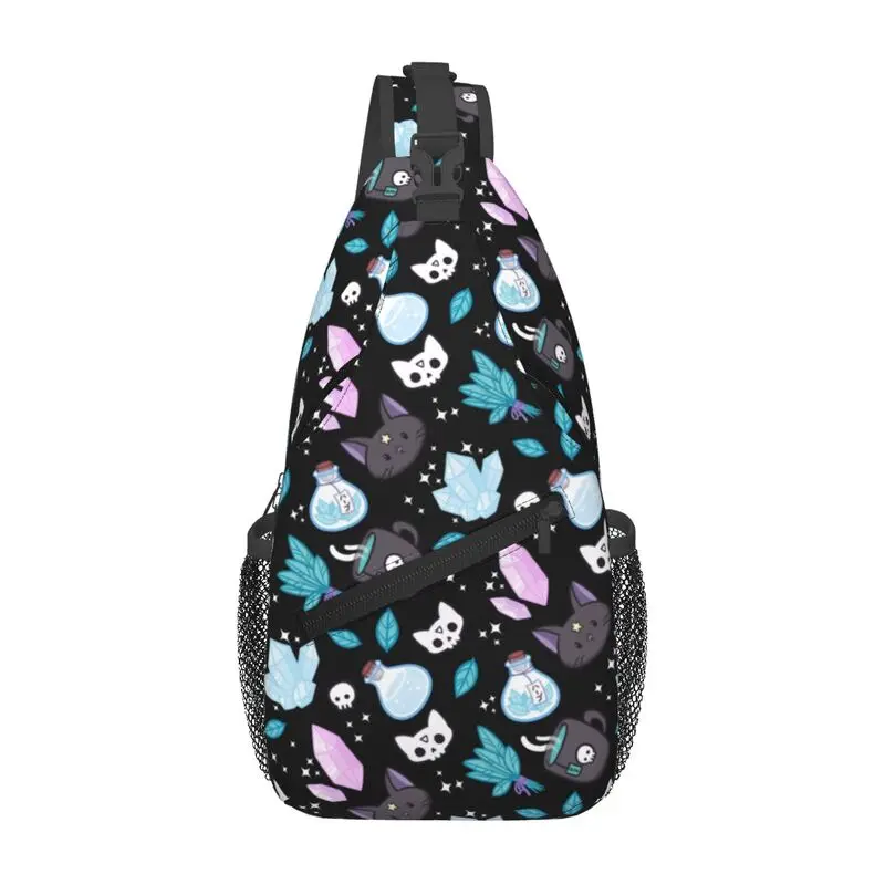 

Custom Herb Witch Sling Bag for Traveling Men's Halloween Witchy Spooky Cat Chest Crossbody Backpack Shoulder Daypack