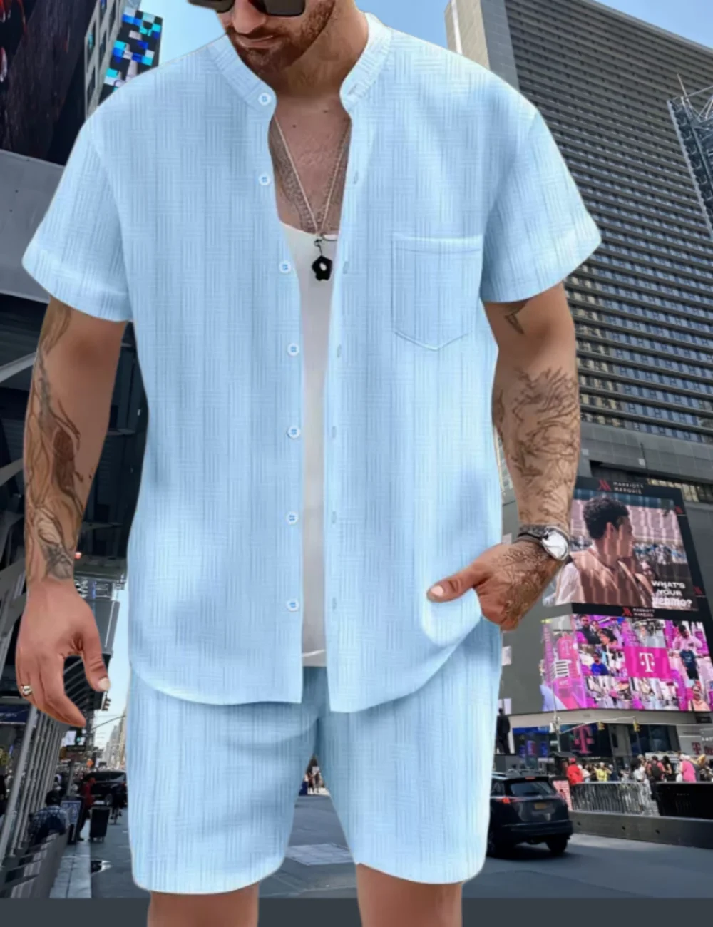 Spring/summer solid color Henry collar pocket suit for men. Shirt casual short sleeve shorts beach loose fashion suit