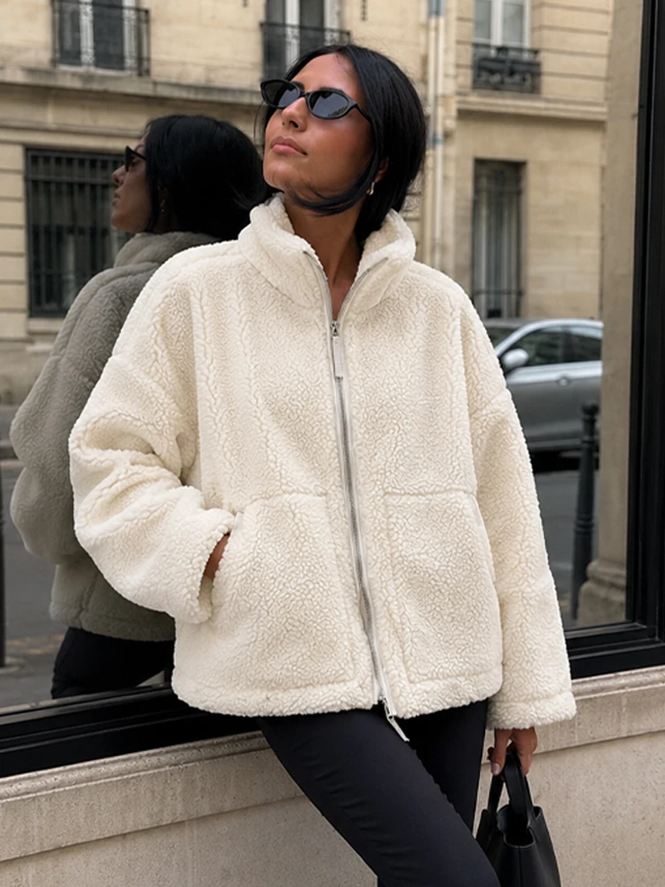HH Women Beige Stand Collar Teddy Coat Loose Zip Up Front Fleece Jacket With Pockets Autumn Winter Casual Warm Sherpa Outerwear