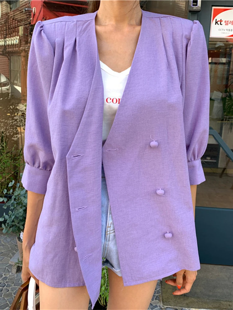 Alien Kitty Spring Summer Elegant 2023 Simple OL Women Blazer Fashion V-Neck Double Breasted Loose Purple Blazers