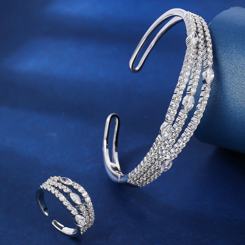 018821 TIRIM Fashion Cubic Zirconia Bangle Ring Set for Women Jewelry Accessory Dubai Wedding Engagement Bracelet Rhodium Plated