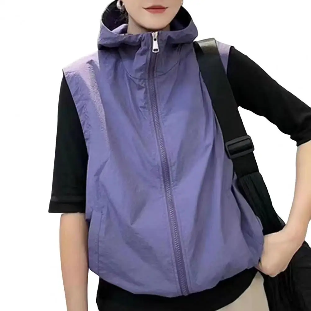 2024 Women's Hooded Jacket with Drawstring Hem for Sports Waistcoat Outings Sun Vest