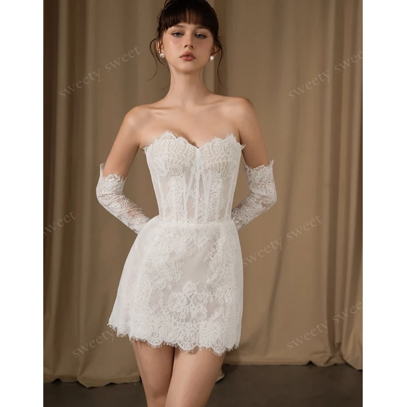High Quality Mini Wedding Dress Lace  With Embroidery Cocktail-Length Ball Gown Off The Shoulder Full Sleeve Customized Bride  ﻿