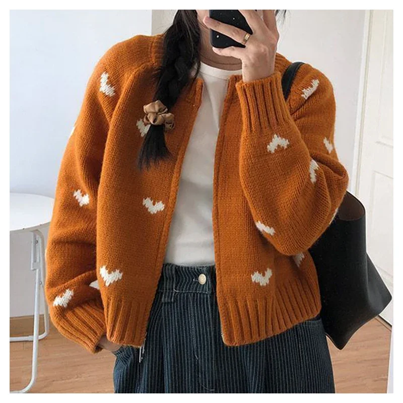 Sweet and caring jacquard round neck short sweater jacket for women in autumn winter, loose double zipper knitted cardigan top