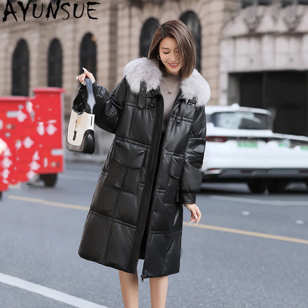 AYUNSUE 本革ダウンジャケットの女性の冬服キツネの毛皮の襟ミッドレングスシープスキンダウンコート女性新 Jaqueta Couro