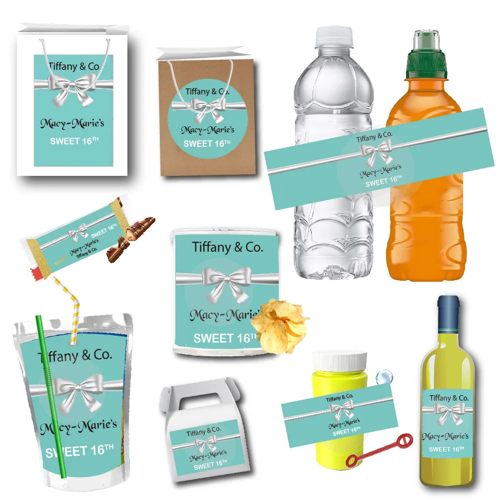 Etiquetas personalizadas con lazo azul y verde para botella de agua, pegatinas para botella de vino, bolsa de jugo, envoltura de barra de dulces, Decoración de cumpleaños personalizada