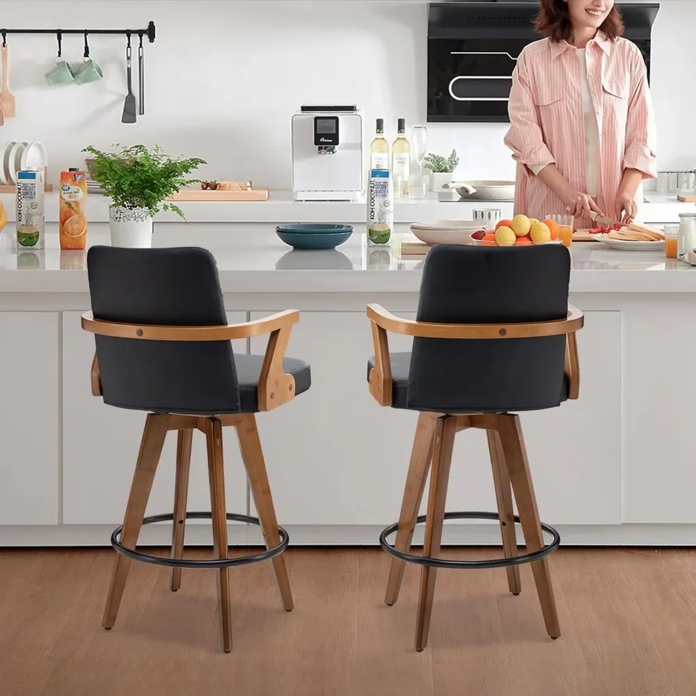 Black Bar Stools Set of 2,Counter Height Bar Stools 26” H,Modern Faux Leather Kitchen Bar Stools with Back,Bar Height Chairs