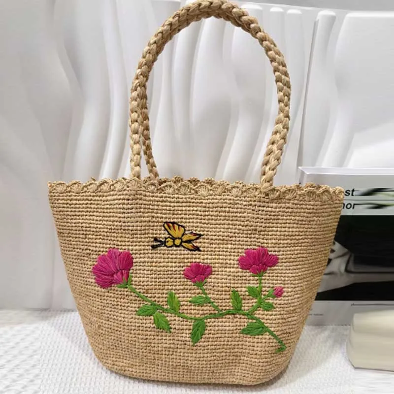 

New Embroidered Floral Woven Handbag Large Capacity Single Shoulder Bag Casual Travel Bag Lafite Grass Beach Bag