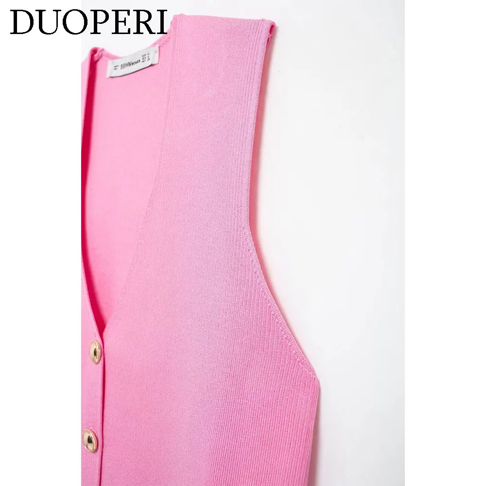 DUOPERI Women Fashion Pink Knitted Vest Tank Tops V-Neck Sleeveless Female Chic Lady Tops Waistcoat