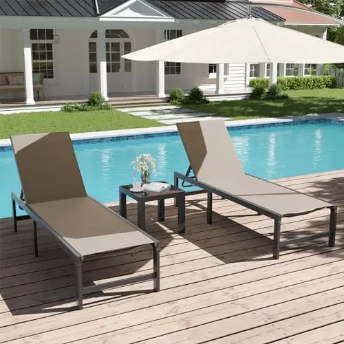Outdoor Chaise Chairs & Table 3 Pieces Pool Lounge Chair, Poolside Sunloungers Lay Flat Sunbathing Chaise with